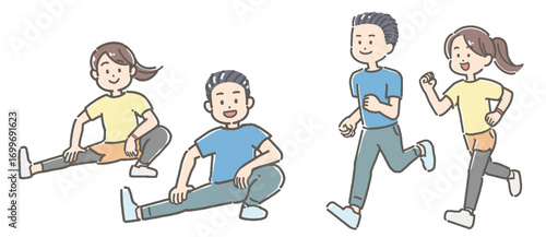 ストレッチ（柔軟）してから運動する若い男女
