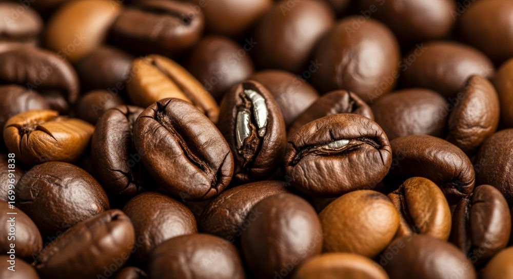 Naklejka premium Macro Close-up of Richly Roasted Coffee Beans with Detailed Textures and Warm Tones