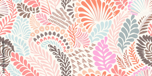 Whimsical abstract floral pattern with pastel colors and organic shapes