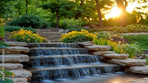 Serene Sunset Waterfall Garden