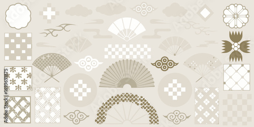 Collection of traditional japanese geometric patterns and decorative elements in neutral tones