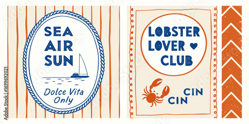 Nautical and coastal themed graphics featuring sea air sun and lobster lover club