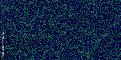 Elegant dark navy blue background with a seamless swirling green floral vine pattern