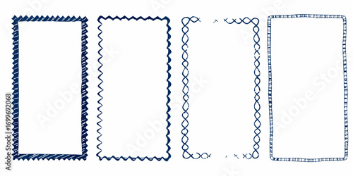 Collection of four hand drawn decorative borders in dark blue ink on a white background