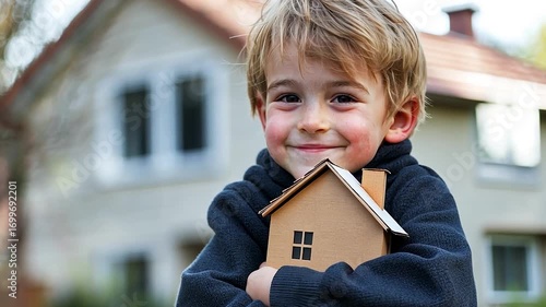 Smiling Child Holding Cardboard House Model
