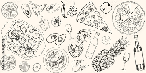 Hand drawn sketch of various food items including pizza shrimp pineapple wine and fruits on a light background