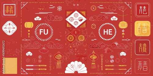 Vibrant chinese new year celebration elements with traditional symbols and characters on a red textured background