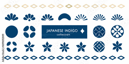 Collection of japanese indigo blue traditional patterns and motifs on white background