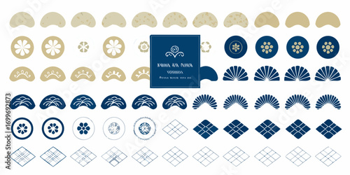 Collection of traditional japanese geometric patterns and floral motifs in blue and beige