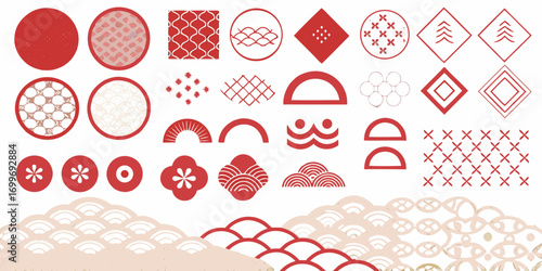 Collection of traditional japanese patterns and symbols in red and beige tones