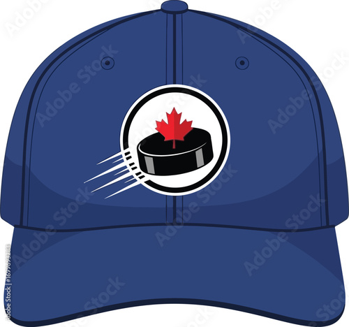 Hockey puck and maple leaf baseball cap vector illustration