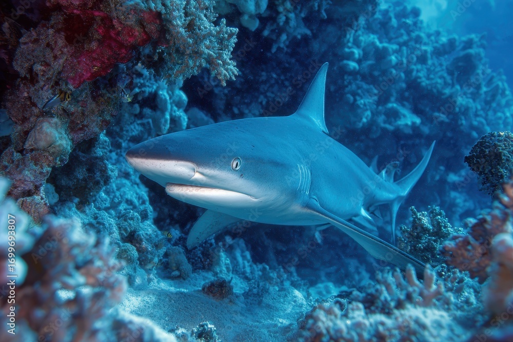 Fototapeta premium White Tip Shark Underwater: Close-up of Shark Swimming in Blue Ocean Reef