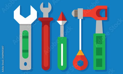 A collection of five colorful flat design tools including a wrench a screwdriver a soldering iron and a hammer set against a solid blue background illustrating repair and construction concepts
