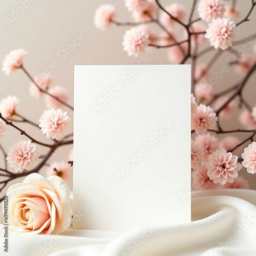 A blank white card with pink blossoms and a peach rose on a white silk cloth background arrangement invitation card mockup