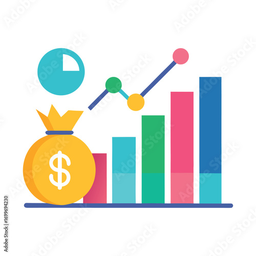 Financial growth and investment success illustrated by a money bag and a rising bar chart with a line graph showing positive trends over time