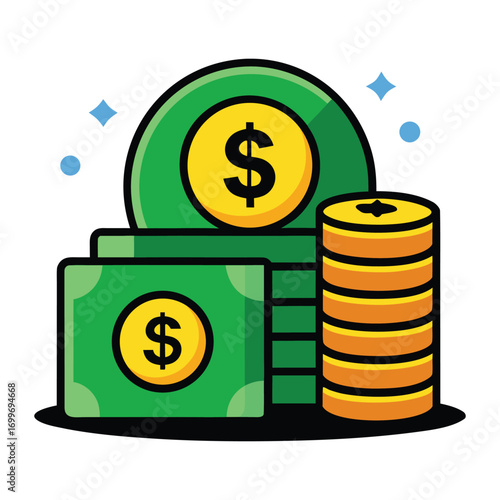 A vibrant illustration depicting a stack of green dollar bills and coins with dollar signs symbolizing wealth and financial prosperity perfect for business and investment concepts