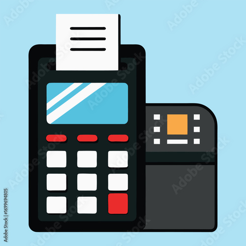 Modern electronic point of sale terminal with a receipt printer attached displaying a blank screen and keypad for customer transactions and payments