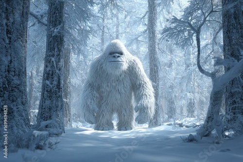 Yeti Snow. Ancient Abominable Snowman in Winter Forest 3D Illustration