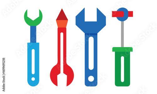 A colorful collection of stylized cartoon tools including a blue wrench a red wrench a blue adjustable wrench and a green screwdriver on a white background