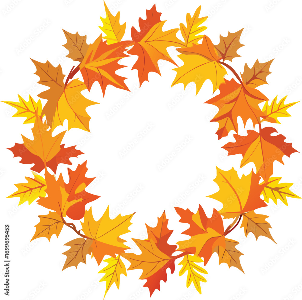 Fototapeta premium Autumn leaf wreath with orange yellow and red leaves