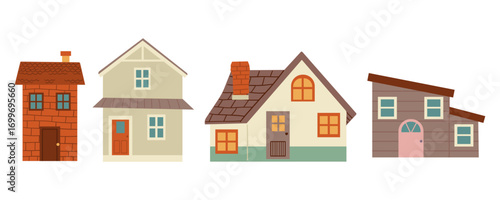 Set of suburban buildings in flat style. Isolated clip art on white background for vacation, eco living, architecture, rural concepts. Modular home, townhouse, beach house, farmhouse, mansion, hut.