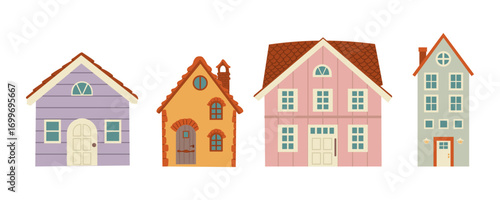Set of suburban buildings in flat style. Isolated clip art on white background for vacation, eco living, architecture, rural concepts. Modular home, townhouse, beach house, farmhouse, mansion, hut.