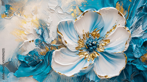 Textured floral art blue white gold palette knife painting
