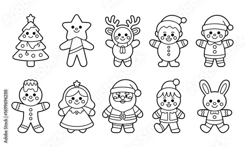 Outline drawing of ten classic Christmas characters on white background black and white