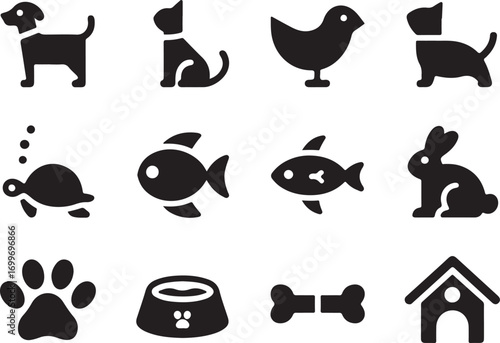 Pet icons: Dog, cat, fish, rabbit, and their accessories in black