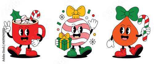 Retro Cartoon Christmas Characters Holding Gifts and Candy Canes vector illustration