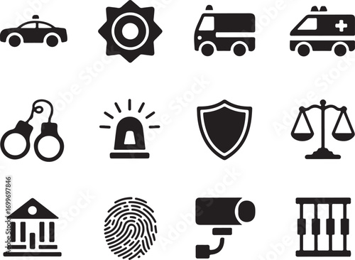Law enforcement and justice icons for legal and security concepts