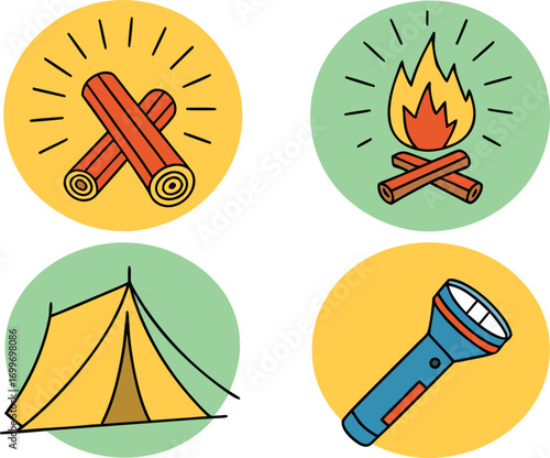 Set of four hand drawn cartoon icons representing camping and outdoor adventure elements including crossed logs firewood campfire tent and flashlight on colorful backgrounds