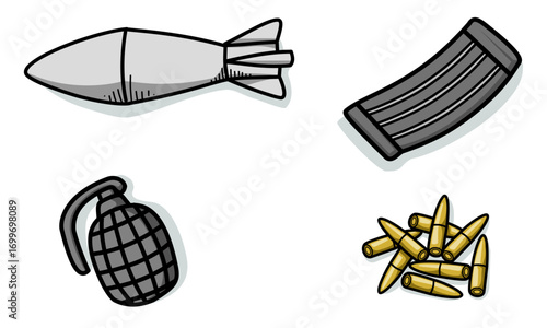 Army weapon set vector illustrations. Missile, munition, hand grenade. Military munition pack equipment isolated on white background