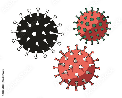 An illustrative collection showcasing three distinct, star-like microorganisms, depicting various conceptual renditions of biological pathogens with prominent spike proteins
