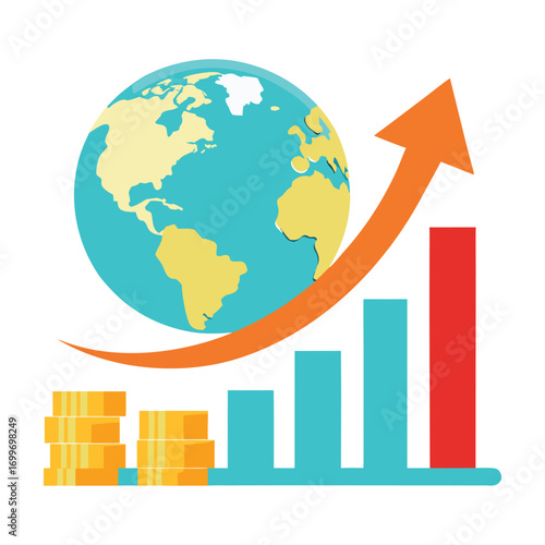 Global financial growth and economic prosperity illustrated by a rising bar chart with a golden coin stack and a vibrant orange arrow pointing upwards towards a stylized earth