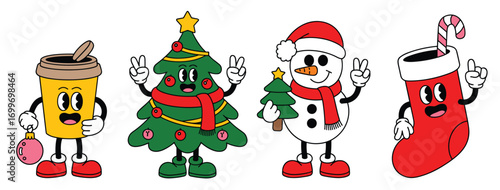 Retro Christmas Characters Coffee Cup Tree Snowman Stocking Festive Fun adobe