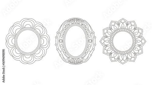 A collection of three ornate decorative frames in a classic line art style, featuring circular and oval shapes with intricate filigree patterns