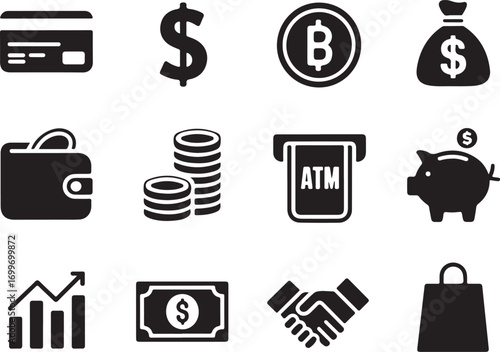 Financial icons representing money, investments, and business concepts