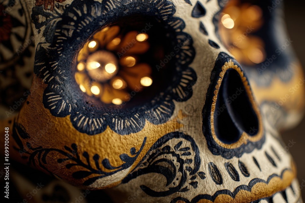 Obraz premium Ornate sugar skull design features intricate details and glowing light sources within its eye sockets.