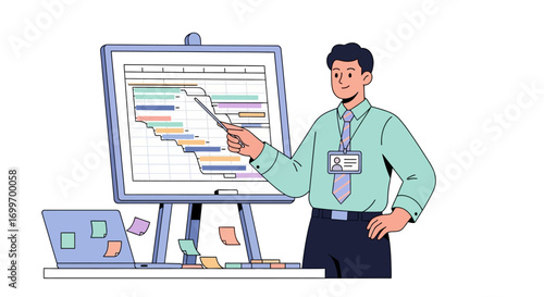 Businessman Presenting a Project Gantt Chart on a Whiteboard.