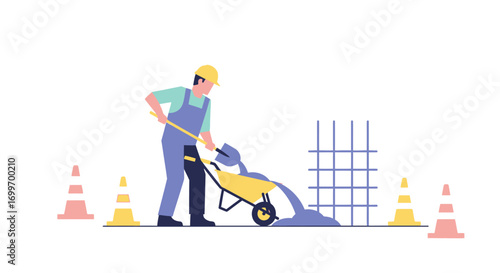 Construction Worker Pouring Concrete from a Wheelbarrow at a Building Site.