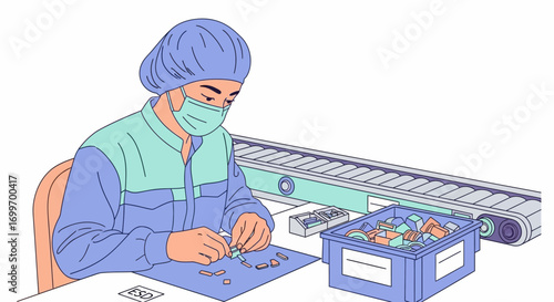 Factory worker in protective gear assembling components.