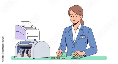 Female Bank Teller Counting Money with a Currency Counter Machine.