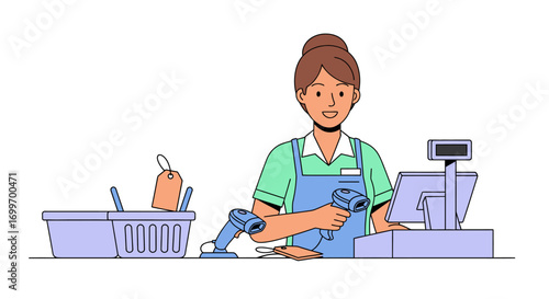 Female cashier working at a supermarket checkout counter.