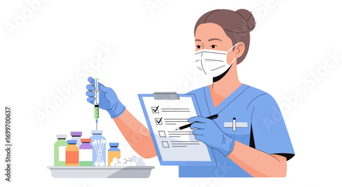 Female nurse in a mask preparing a vaccine injection while checking a list.