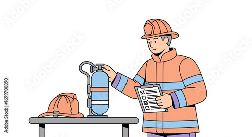 Firefighter Inspecting Oxygen Tank with Checklist.