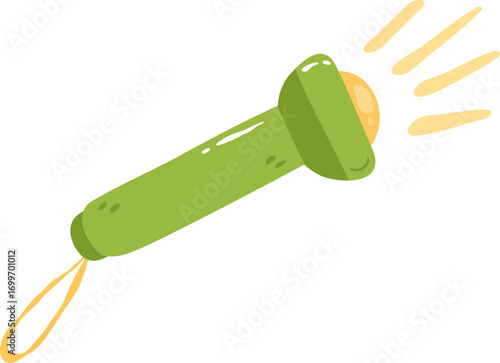 Vibrant green flashlight with round yellow bulb emits beams of light, perfect for illuminating dark spaces. This handy tool is essential for camping, emergencies, or nighttime adventures