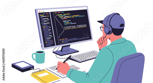 Focused Male Programmer Writing Code on a Computer Screen.