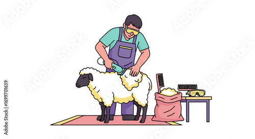 Illustration of a farmer shearing a fluffy sheep with electric clippers.