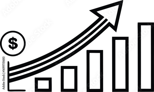 Black and white rising bar graph with dollar sign and upward arrow